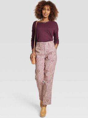 Knox Rose Twill Mauve Floral Boho Print Straight Leg Pants with Elastic Waist